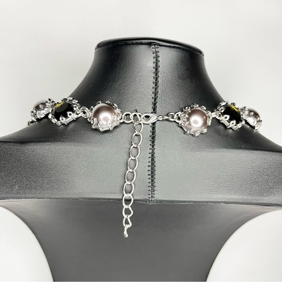 Statement Necklace Black Faceted Crystal and Silver Beaded Runway - Picture 6 of 6